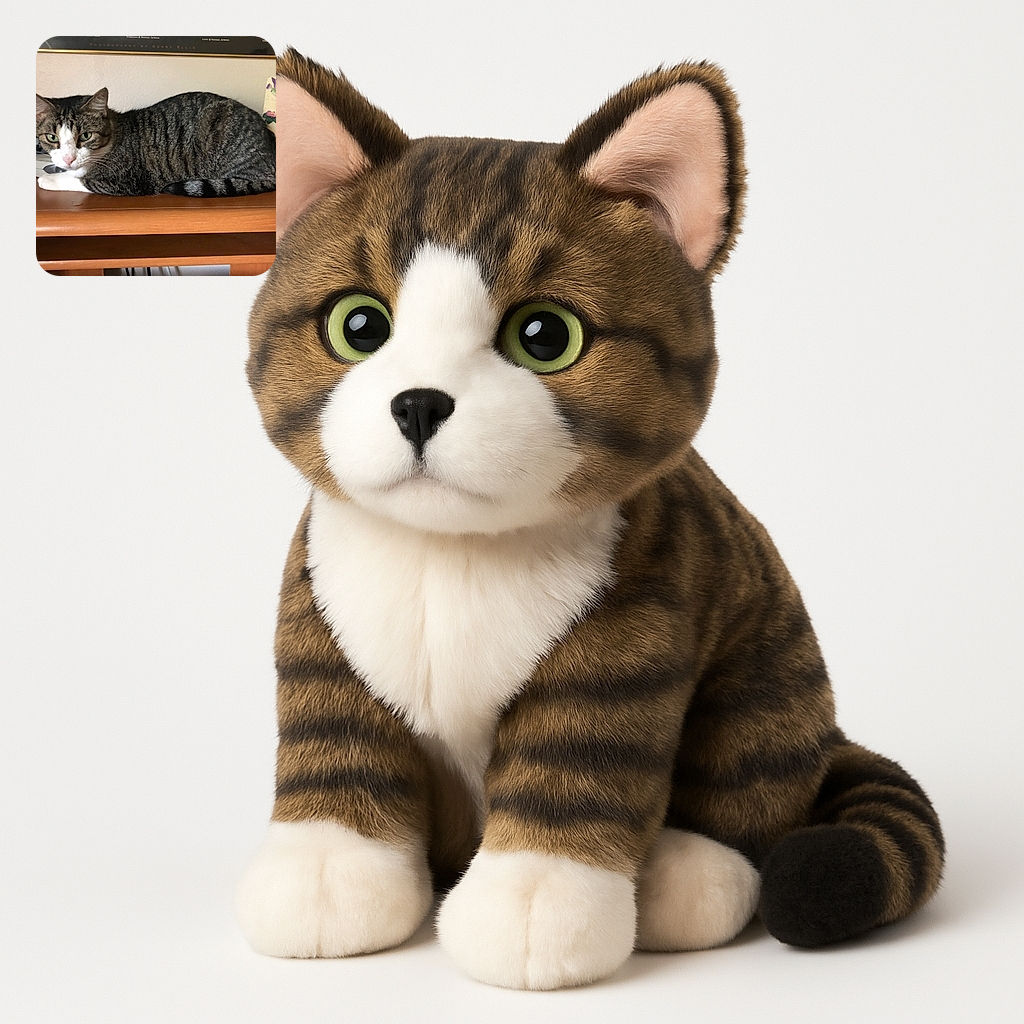 A tabby cat with white paws and a pink nose is comfortably lounging on a wooden surface, eyeing the camera with a calm, slightly serious expression. Behind the cat, there's a framed photo and some electronic devices, giving a cozy home vibe.