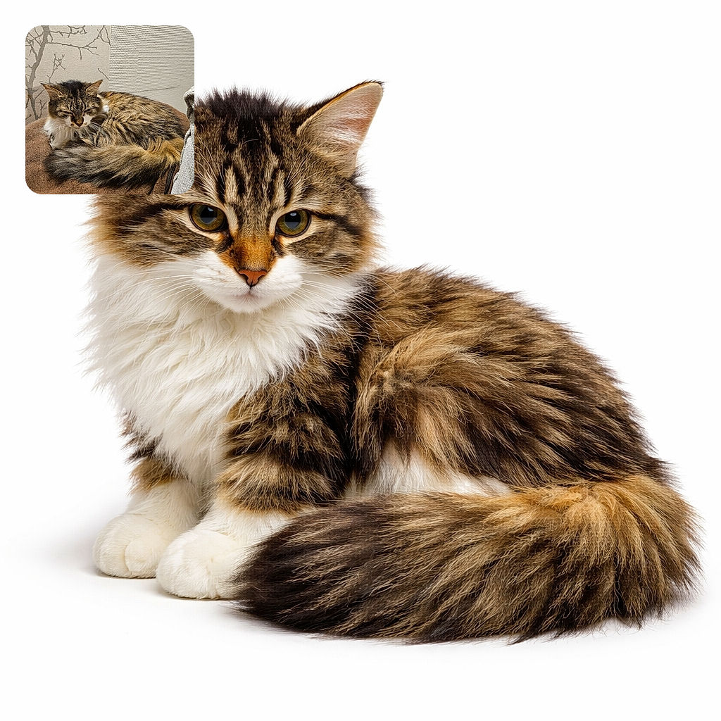 A fluffy tabby cat curled up and napping peacefully on a soft brown cushion, blending cozy textures with a subtle wall pattern of bare tree branches in the background.