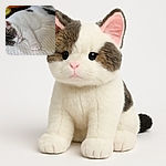 A fluffy white and tabby kitten is peacefully napping on a quilted white surface, sprawled out with paws relaxed and eyes closed, radiating pure contentment and cuteness overload.