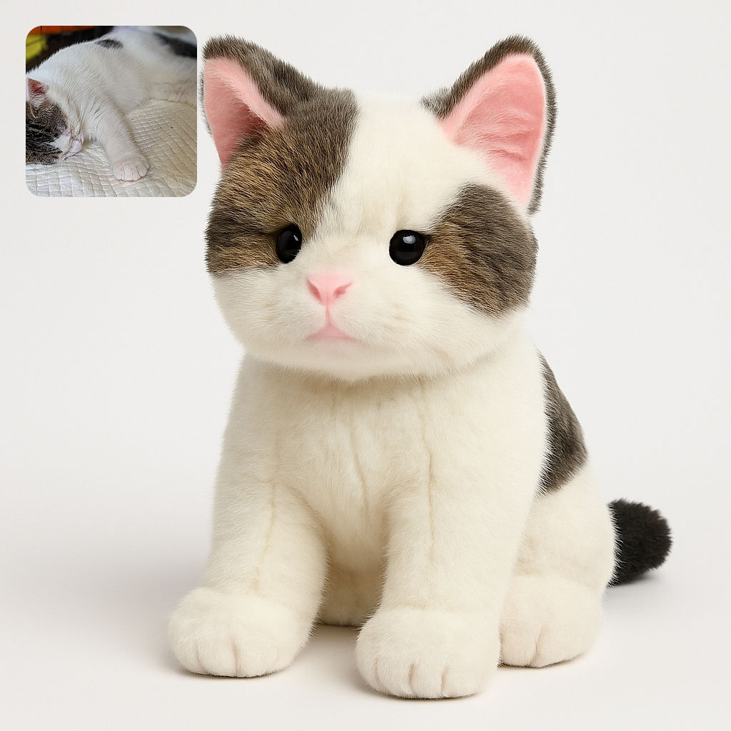 A fluffy white and tabby kitten is peacefully napping on a quilted white surface, sprawled out with paws relaxed and eyes closed, radiating pure contentment and cuteness overload.