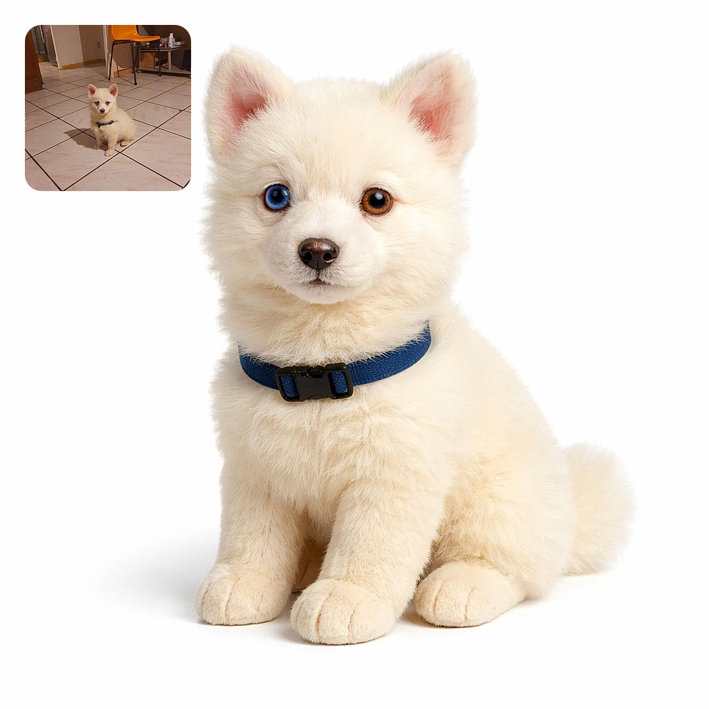 A fluffy white puppy with striking blue eyes sits on a tiled floor indoors, looking curiously at the camera. Behind it, there's an orange chair and a cluttered desk, giving a cozy home vibe.