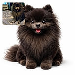 A fluffy black Pomeranian with a happy face and tongue out sits on a bed with patterned sheets, looking like the proud king of cozy. The background shows a dimly lit room with a TV screen glowing faintly and some furniture, giving a warm home vibe.
