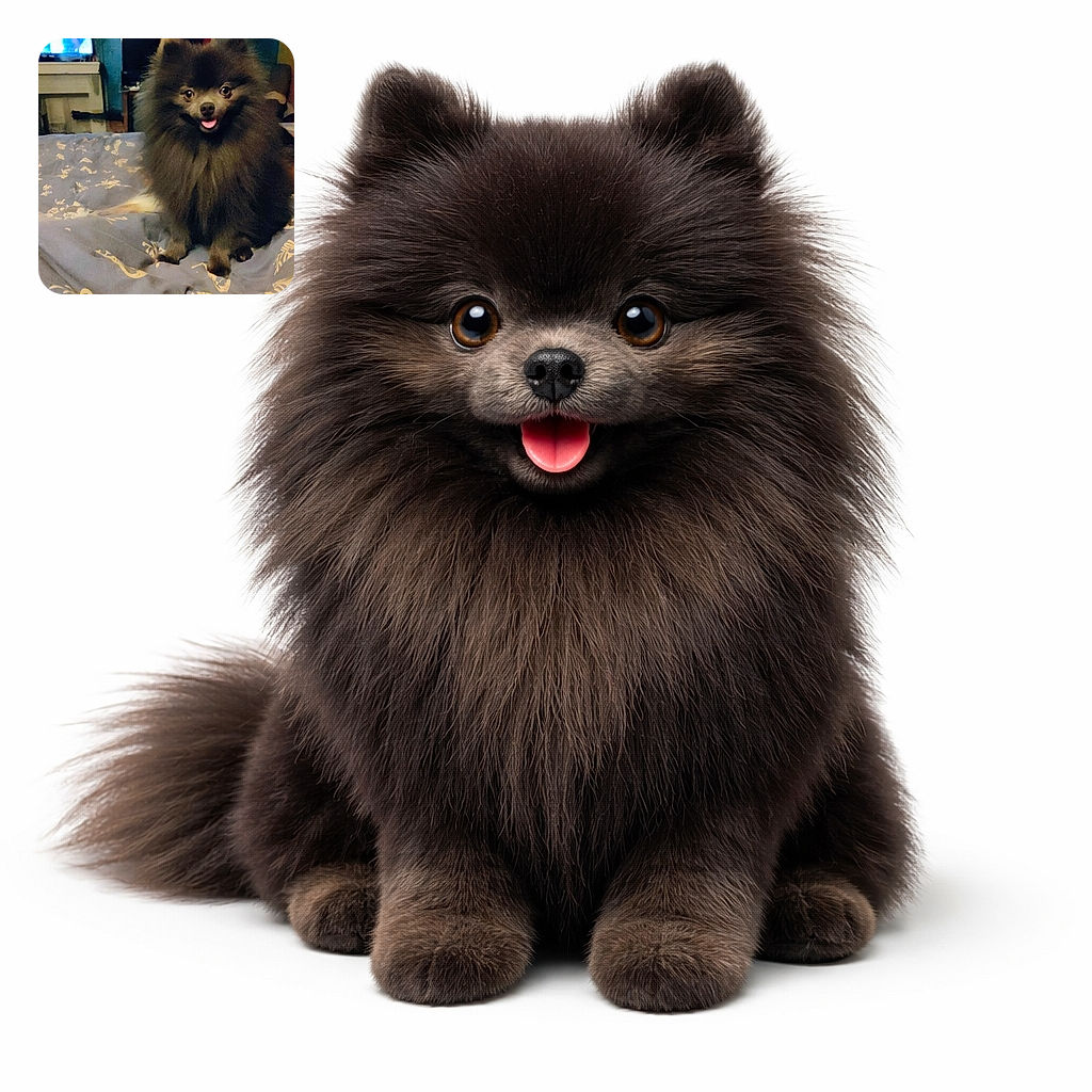 A fluffy black Pomeranian with a happy face and tongue out sits on a bed with patterned sheets, looking like the proud king of cozy. The background shows a dimly lit room with a TV screen glowing faintly and some furniture, giving a warm home vibe.