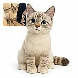 A curious cat with striking blue eyes is perched on a beige couch, its paws firmly planted on the soft fabric. The background features a cozy pillow and a person wearing a black and white shirt, adding a homey vibe to the scene. The cat's attentive gaze and soft fur make it an adorable and inviting photo.