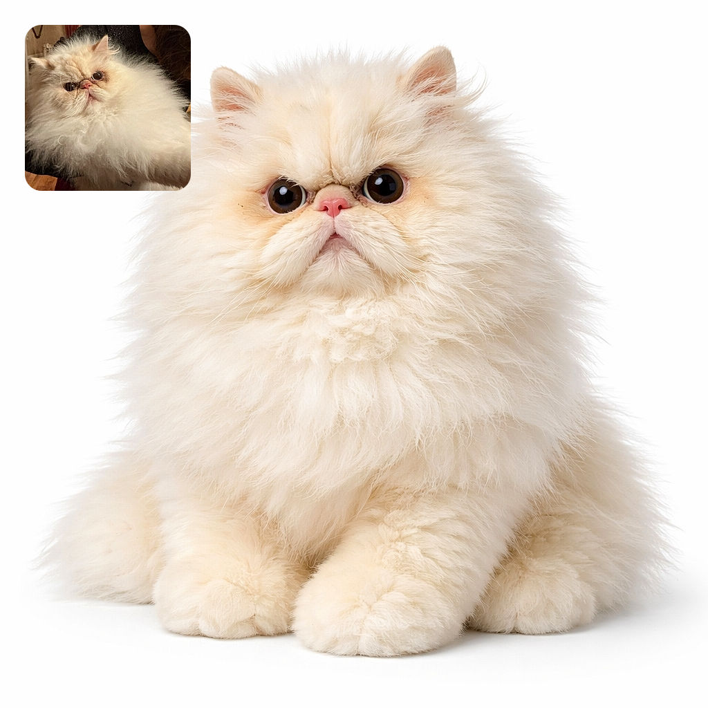 An outrageously fluffy Persian cat stares at the camera like a tiny aristocrat tucked into a cloud of fur — big round eyes, a squashed nose, and a dramatic mane that demands a crown.