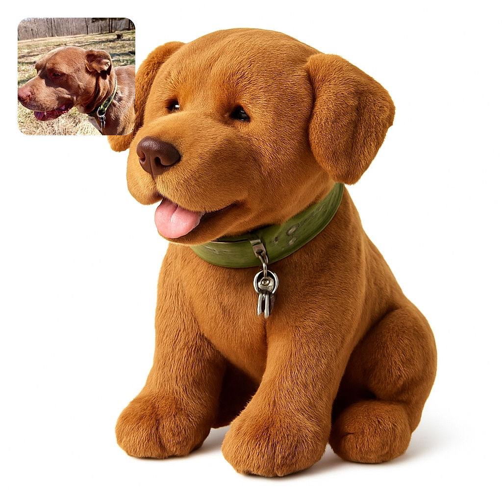 A close-up of a happy brown dog outdoors on a sunny day, tongue slightly out, wearing a collar with tags, with a blurred background of dry grass and bare trees.