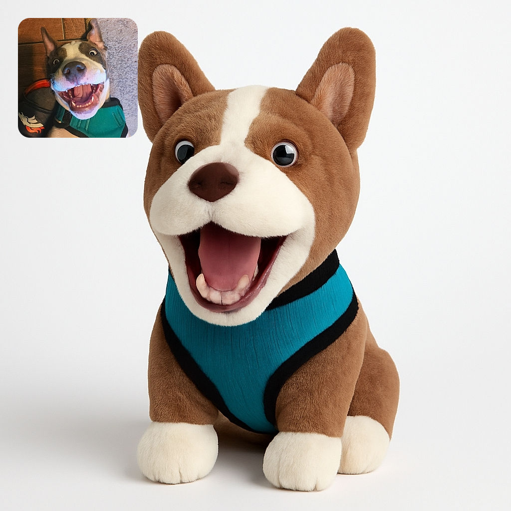 A goofy dog making a hilarious wide-mouthed expression, lying on the floor with a vibrant green harness and a playful look that screams 'surprise!'. The background shows a mix of wooden tiles and carpet, adding to the casual home vibe.