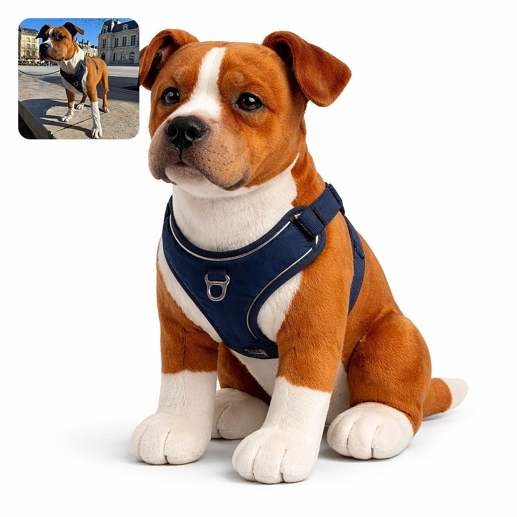 A proud brown-and-white pup striking a regal pose on a city plaza — harness on, leash taut, nose in the sun and ears doing their best dramatic windblown impression while historic buildings provide a very French postcard backdrop.