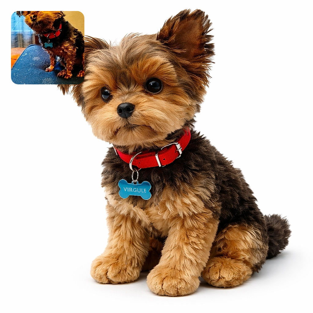 A pint-sized fluff-boss (name tag reads 'VIRGULE') perches proudly on a linty blue surface, ears like satellite dishes and eyes gleaming with mischief — tiny paws, a bright red collar, and enough fur tumbleweeds to start a knitting club.