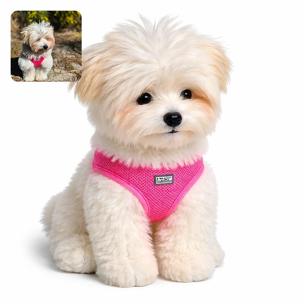 A fluffy white dog wearing a bright pink harness stands on a sandy ground with scattered twigs, looking slightly to the side with a curious expression. The background is blurred with green and yellow foliage, giving the photo a warm, sunny outdoor vibe.