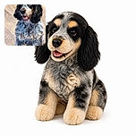 A cheerful, curly-coated spaniel sits proudly on the wooden floor, flashing a grin that says it has just been promised the world's tastiest treat. Its floppy ears and luxurious waves give it the look of a four-legged rock star between concerts.