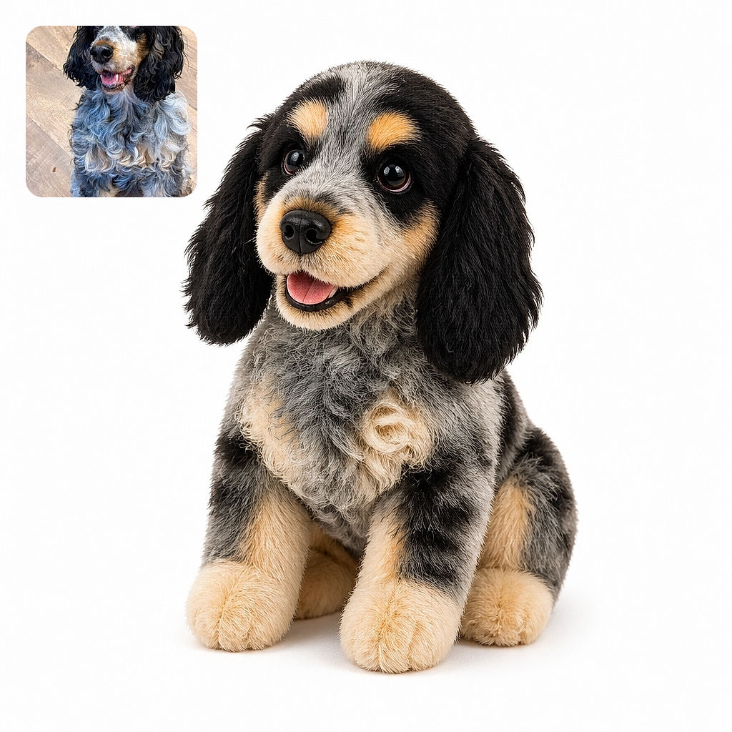 A cheerful, curly-coated spaniel sits proudly on the wooden floor, flashing a grin that says it has just been promised the world's tastiest treat. Its floppy ears and luxurious waves give it the look of a four-legged rock star between concerts.