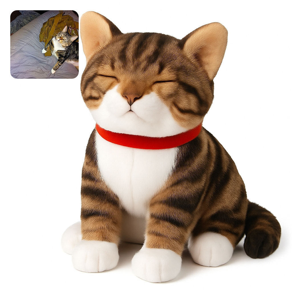 A content tabby cat with white paws lounges comfortably on a bed next to a tan backpack, squinting as if basking in the glow of its own charm.