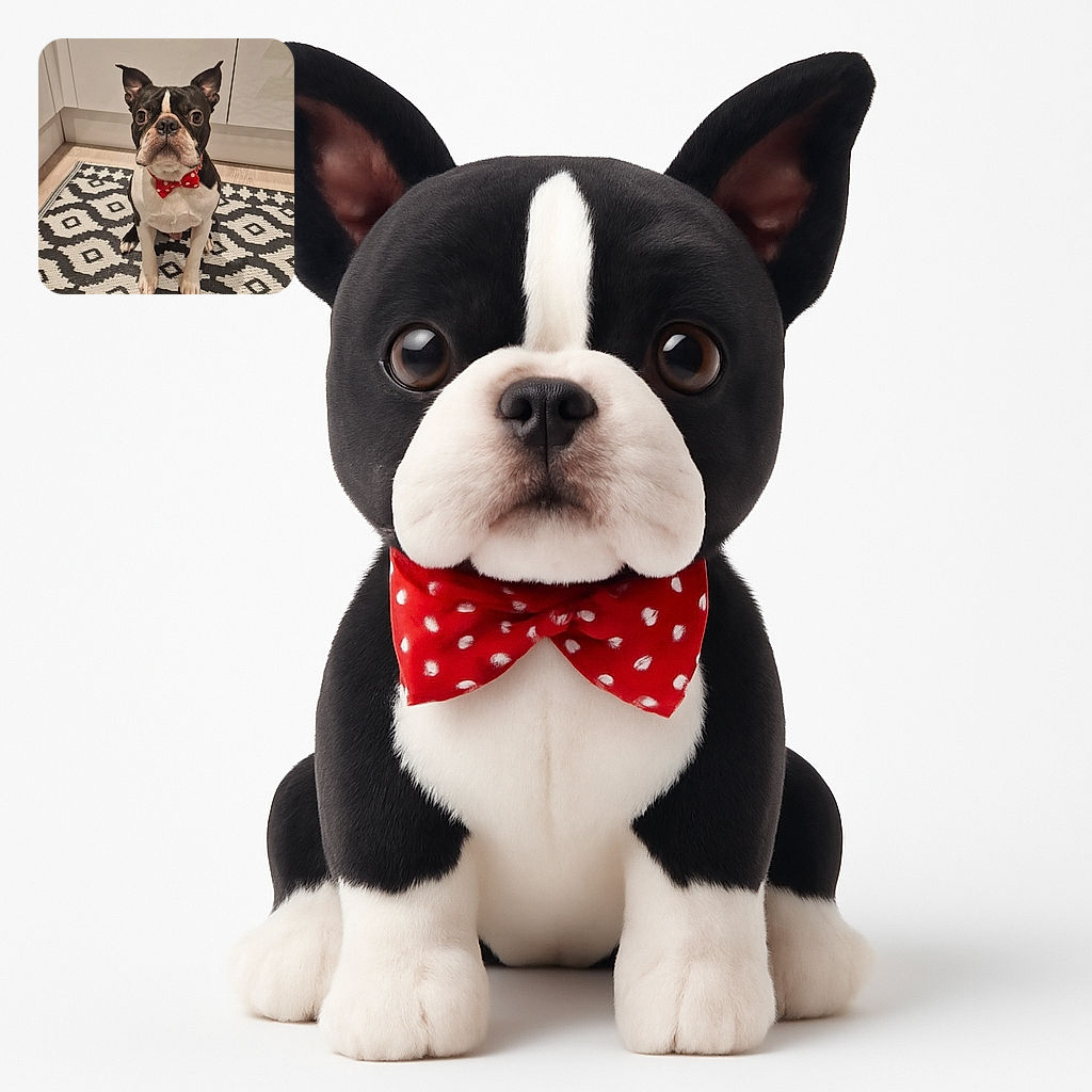 A dapper Boston Terrier sporting a red polka dot bow tie sits attentively on a black and white patterned rug in a cozy kitchen, looking like it's ready for a fancy dinner party or a photoshoot.