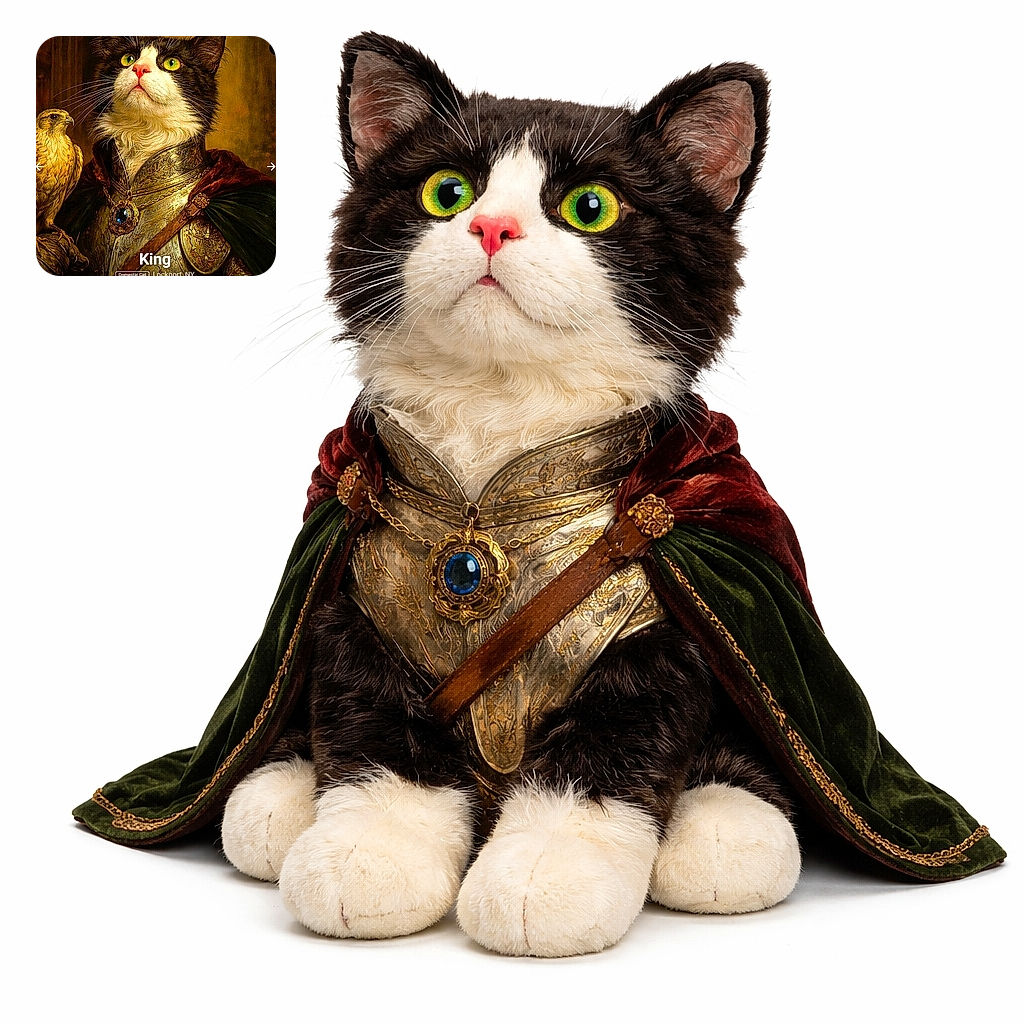 A dashing tuxedo cat posed like medieval royalty, decked in ornate armor and a jewel-encrusted medallion, with a stern falcon sidekick. The painterly, gold-toned background and dramatic lighting make this regal duo look ready to sign decrees (or demand treats).