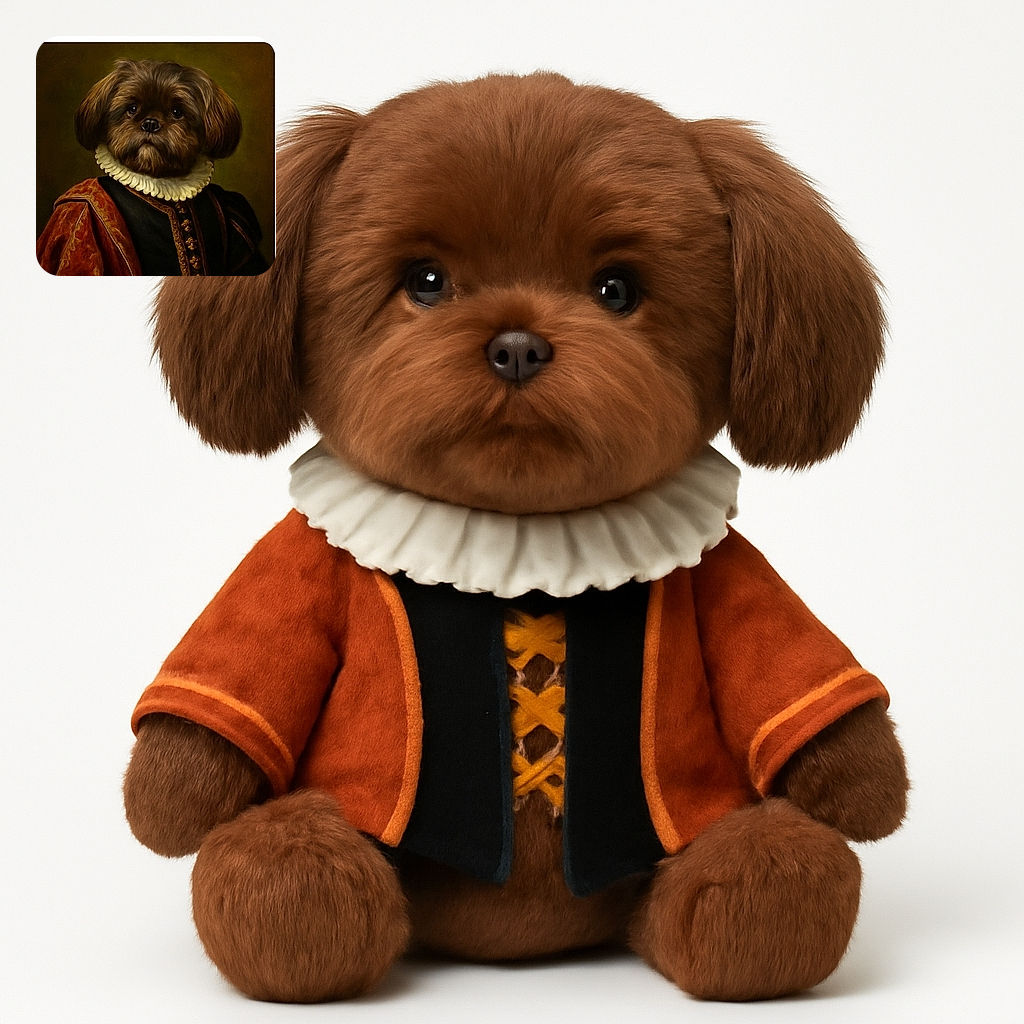 A regal dog dressed in an elaborate, old-fashioned nobleman's outfit, complete with a ruffled collar and richly embroidered cloak, sitting as if posing for a royal portrait from centuries past.