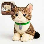 A fluffy white and tabby cat lounges regally on a well-worn brown leather armchair with a beige floral cushion behind it, looking directly at the camera with curious eyes and a green collar adding a pop of color.