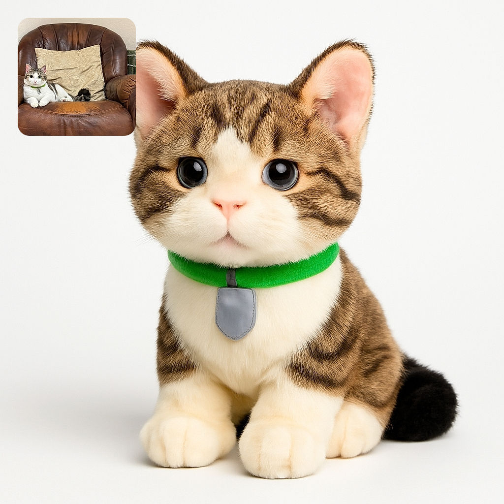 A fluffy white and tabby cat lounges regally on a well-worn brown leather armchair with a beige floral cushion behind it, looking directly at the camera with curious eyes and a green collar adding a pop of color.