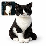 A black and white cat is sitting upright on a cushioned outdoor chair, basking in warm sunlight with its eyes closed, looking like it just caught the perfect sunbeam for a cozy nap.