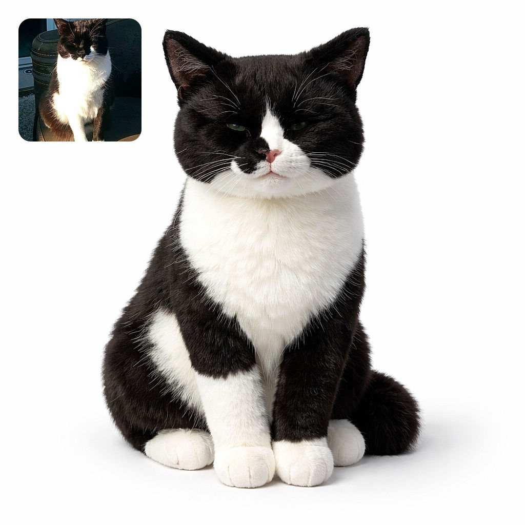 A black and white cat is sitting upright on a cushioned outdoor chair, basking in warm sunlight with its eyes closed, looking like it just caught the perfect sunbeam for a cozy nap.