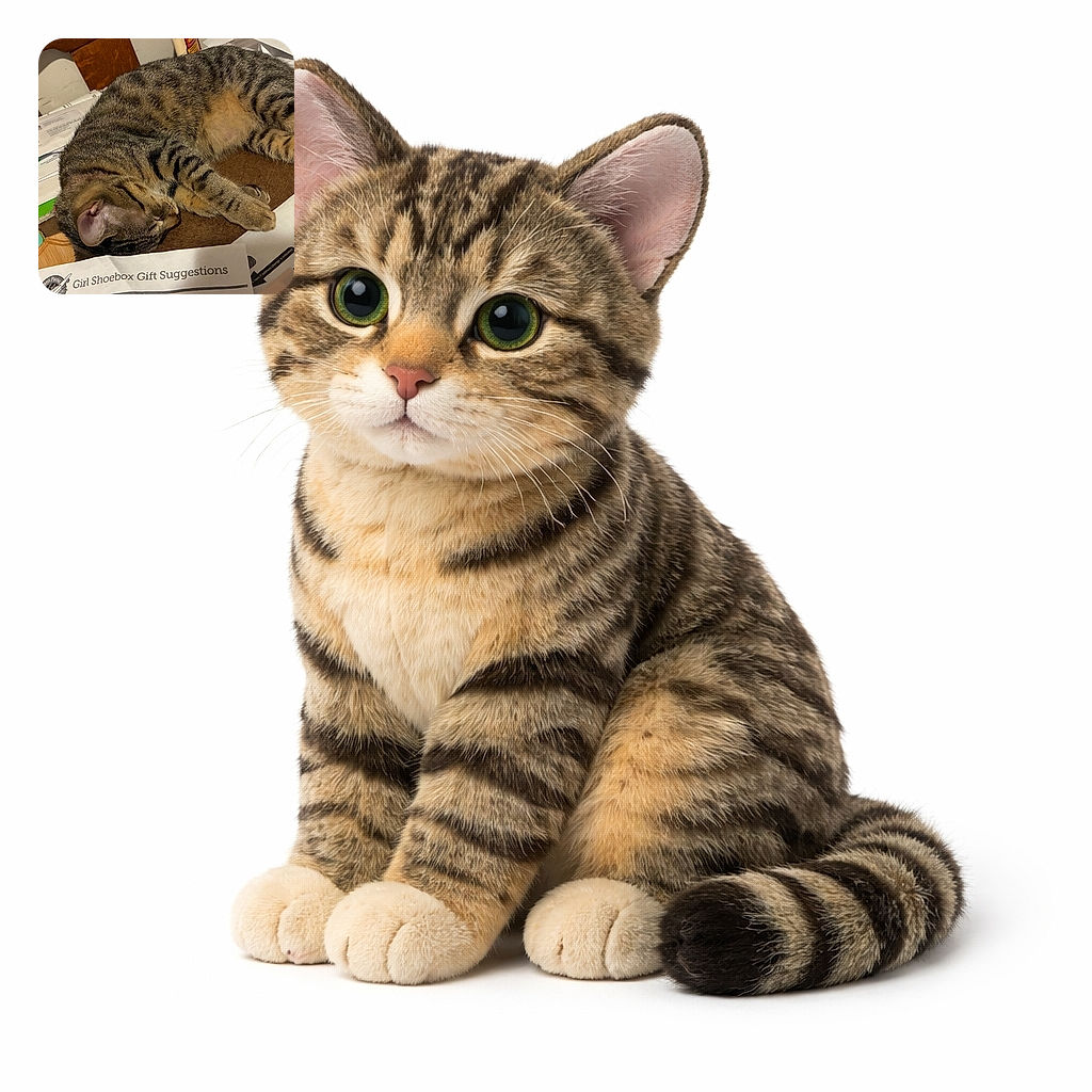 A tabby cat has commandeered the paperwork as a plush mattress, curled up across envelopes and a 'Girl Shoebox Gift Suggestions' sheet like it's on official nap duty. Close-up shows striped fur, tucked paws and a lone ear — the ultimate sleepy supervisor of the mail pile.