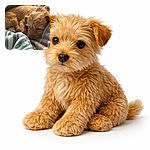 An adorable scruffy brown puppy is curled up and snoring softly on a pile of cozy striped blankets, nose tucked in like it’s guarding a secret stash of treats — peak nap energy and maximum fluff.
