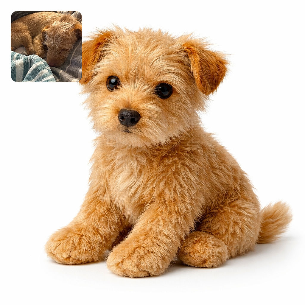 An adorable scruffy brown puppy is curled up and snoring softly on a pile of cozy striped blankets, nose tucked in like it’s guarding a secret stash of treats — peak nap energy and maximum fluff.