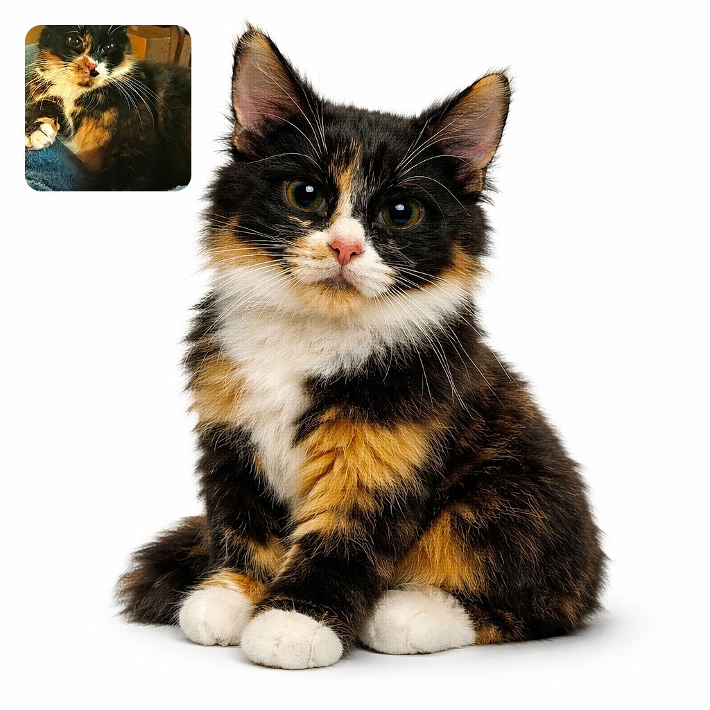 A grumpy-yet-regal calico cat lounges on a soft blue blanket like royalty on a throne, whiskers fanned and one paw politely tucked. Behind her is a wooden dresser and a cardboard box, while her big reflective eyes plot the next nap or snack. The lighting is warm and cozy — she clearly knows she nailed the sleepy portrait pose.