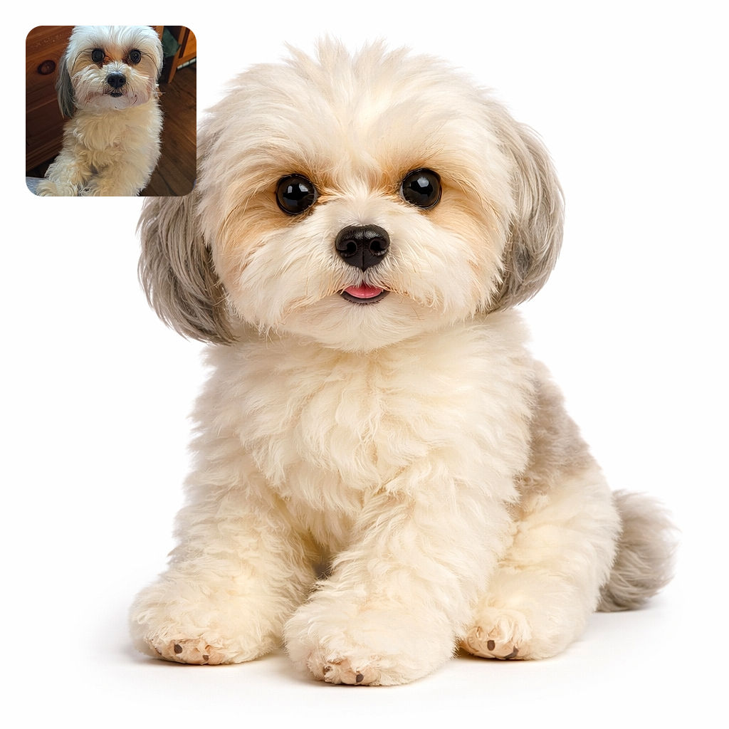 A fluffy white pup stares up with enormous, soulful eyes as if negotiating treats — tiny paws on the edge of the bed, a wooden dresser in the background, and fur so soft it looks like a cloud stole a beard. The dog’s expression is equal parts hopeful and slightly demanding, the very picture of adorable persistence.