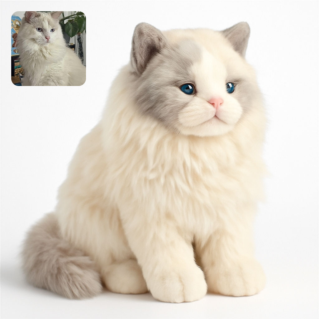 A majestic fluffy white cat with striking blue eyes poses regally in front of a leafy green plant and some colorful objects, looking like it just heard the juiciest gossip in the house.