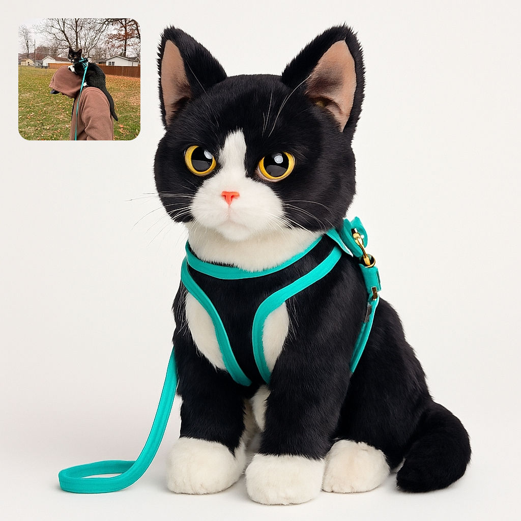 A black and white cat with a teal harness and leash is perched on the shoulder of a person wearing a brown hoodie and cap, standing in a leaf-strewn grassy backyard with bare trees and houses in the background. The cat looks curious and alert, perfectly balanced like a furry little adventurer on a shoulder expedition.