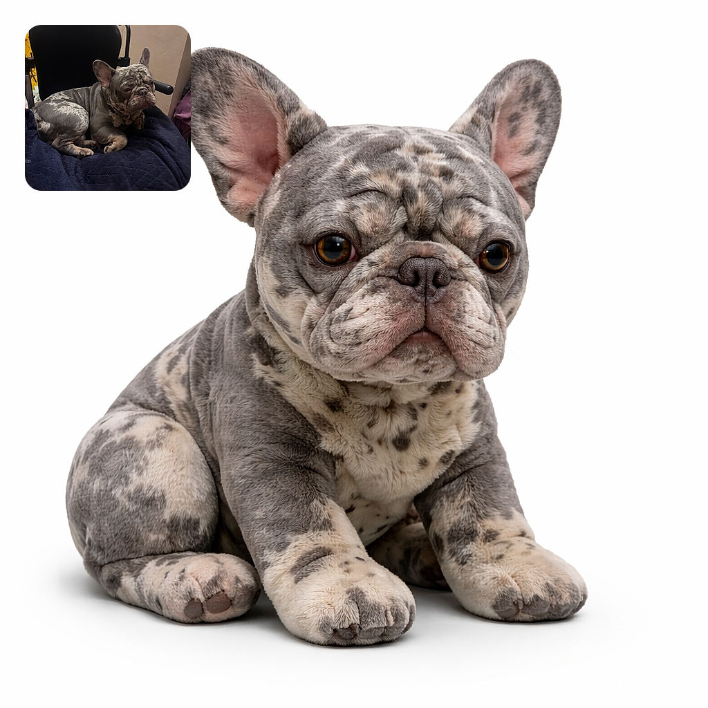 A grumpy merle French bulldog sprawled on a navy blanket in a chair, giving the camera a world-weary side-eye — all wrinkles, folded paws and unimpressed charm.