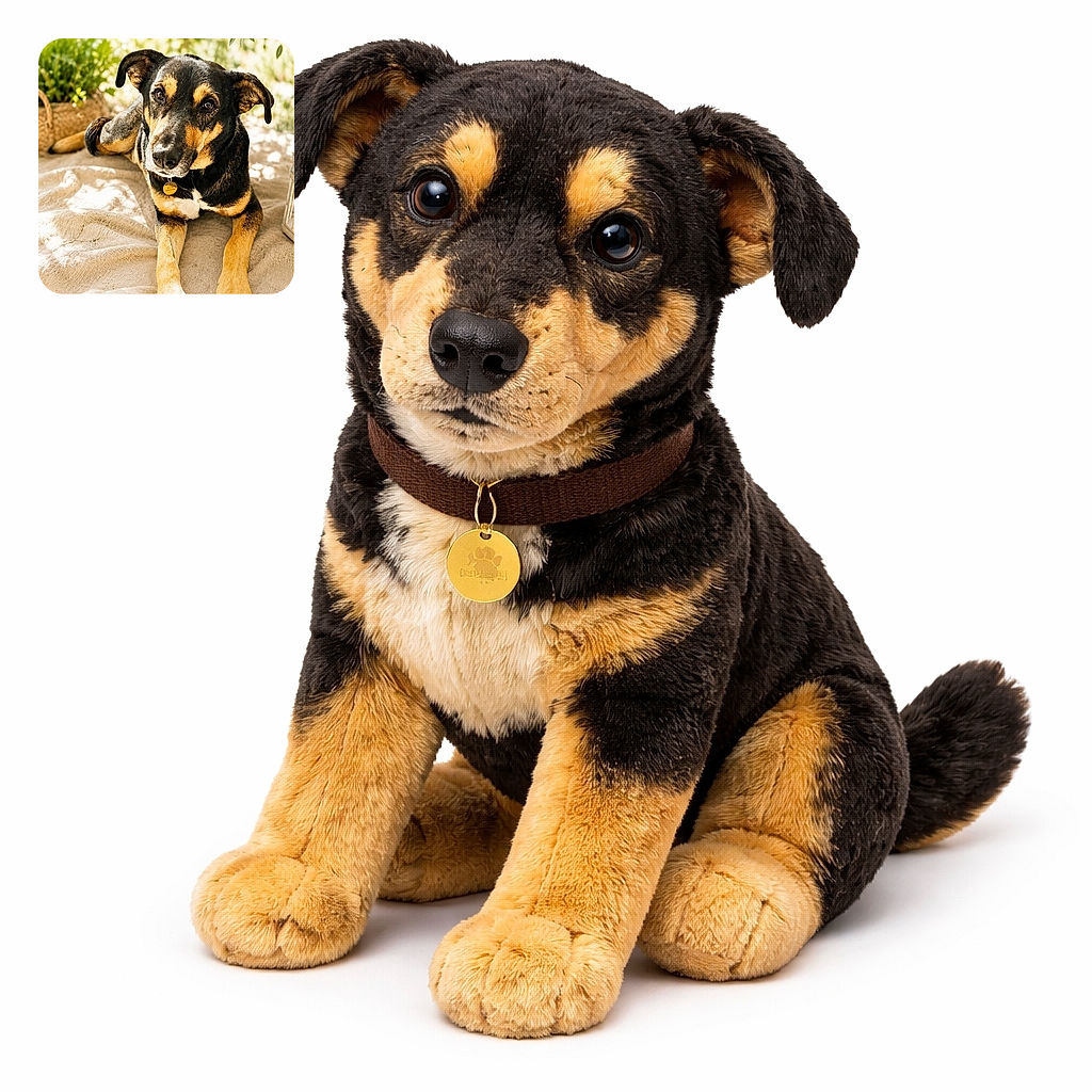 A charming dog lounges comfortably on a textured blanket in a sunlit garden setting, with curious eyes and a shiny tag adding to its lovable personality.