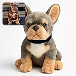 A serious-looking French Bulldog sits upright on a dark cushion in front of a wooden entertainment center with a TV in the background, giving off a vibe of a tiny, stern guardian of the living room.