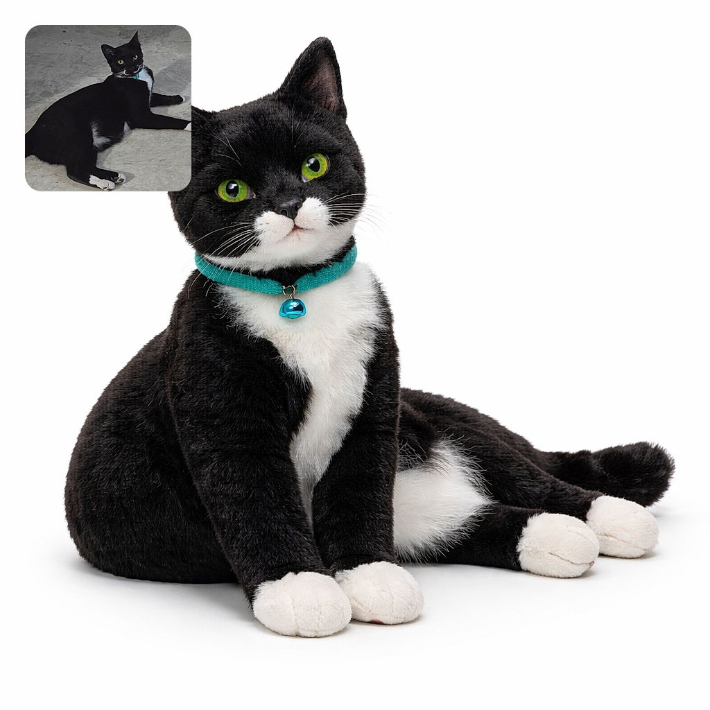 A sleek black and white cat lounges on a tiled floor, looking curiously at the camera with bright yellow eyes and a blue collar, surrounded by a simple, dimly lit background.
