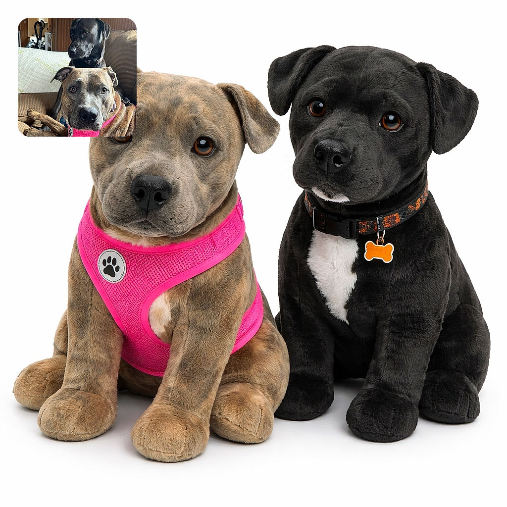 Two dogs chilling on a cozy couch, one sporting a bright pink harness looking directly at the camera with wide eyes, while the other black dog sits behind, gazing off thoughtfully. The warm wood-paneled room adds a nostalgic vibe to this candid canine moment.