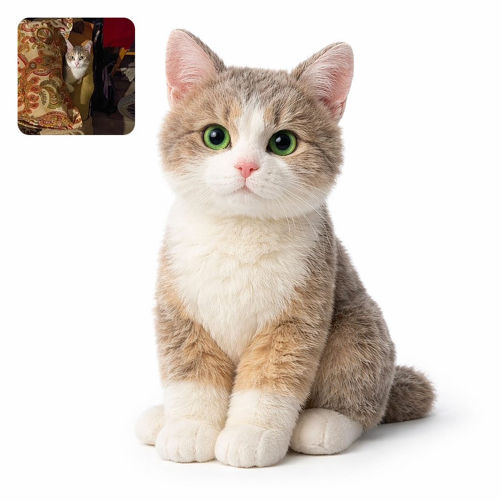 A wide-eyed cat peeks out from between a patterned pillow and a couch arm like a tiny, suspicious spy — ears alert, whiskers forward, green eyes stealing the scene while the living room looks on.