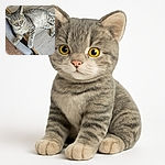 A curious gray tabby cat lounges comfortably on the edge of a wooden table and a gray cushioned chair, its bright yellow eyes wide open as if plotting its next playful adventure.