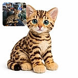 A stunningly spotted Bengal kitten lounges comfortably on a person's lap, its wide, curious eyes capturing the essence of feline wonder. The cozy indoor setting features a mix of furniture and everyday items, giving a warm and lived-in vibe that contrasts with the kitten's wild-patterned fur.