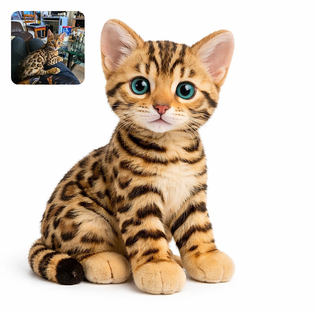A stunningly spotted Bengal kitten lounges comfortably on a person's lap, its wide, curious eyes capturing the essence of feline wonder. The cozy indoor setting features a mix of furniture and everyday items, giving a warm and lived-in vibe that contrasts with the kitten's wild-patterned fur.