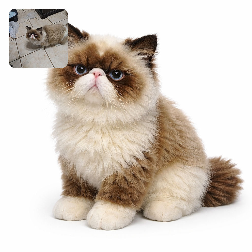 A grumpy flat-faced Persian cat stares up like it's judging your snack choices — floofy body, dramatic dark mask, tiny pink nose, and whiskers arranged for maximum disdain on a tiled floor with a litter box and plastic bag in the background.