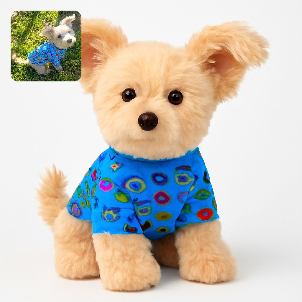 A fluffy dog sporting a vibrant blue shirt covered in playful food and fun icons sits on lush green grass, looking up with curious eyes and ears flapping in the breeze, ready for a day of outdoor adventures.