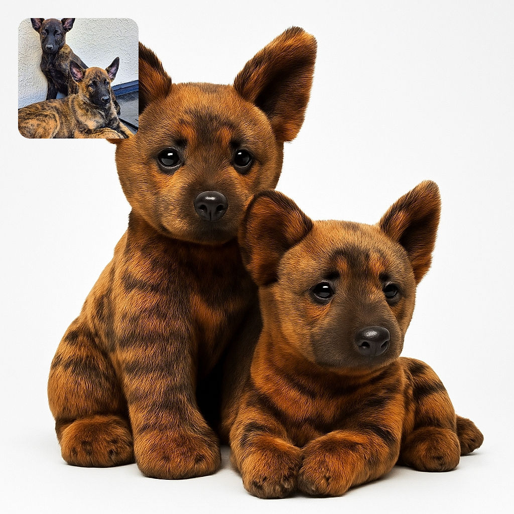 Two adorable brindle puppies chill against a textured wall, one sitting up alert and the other lounging with a relaxed gaze, showcasing their striking coat patterns and big ears in natural light.