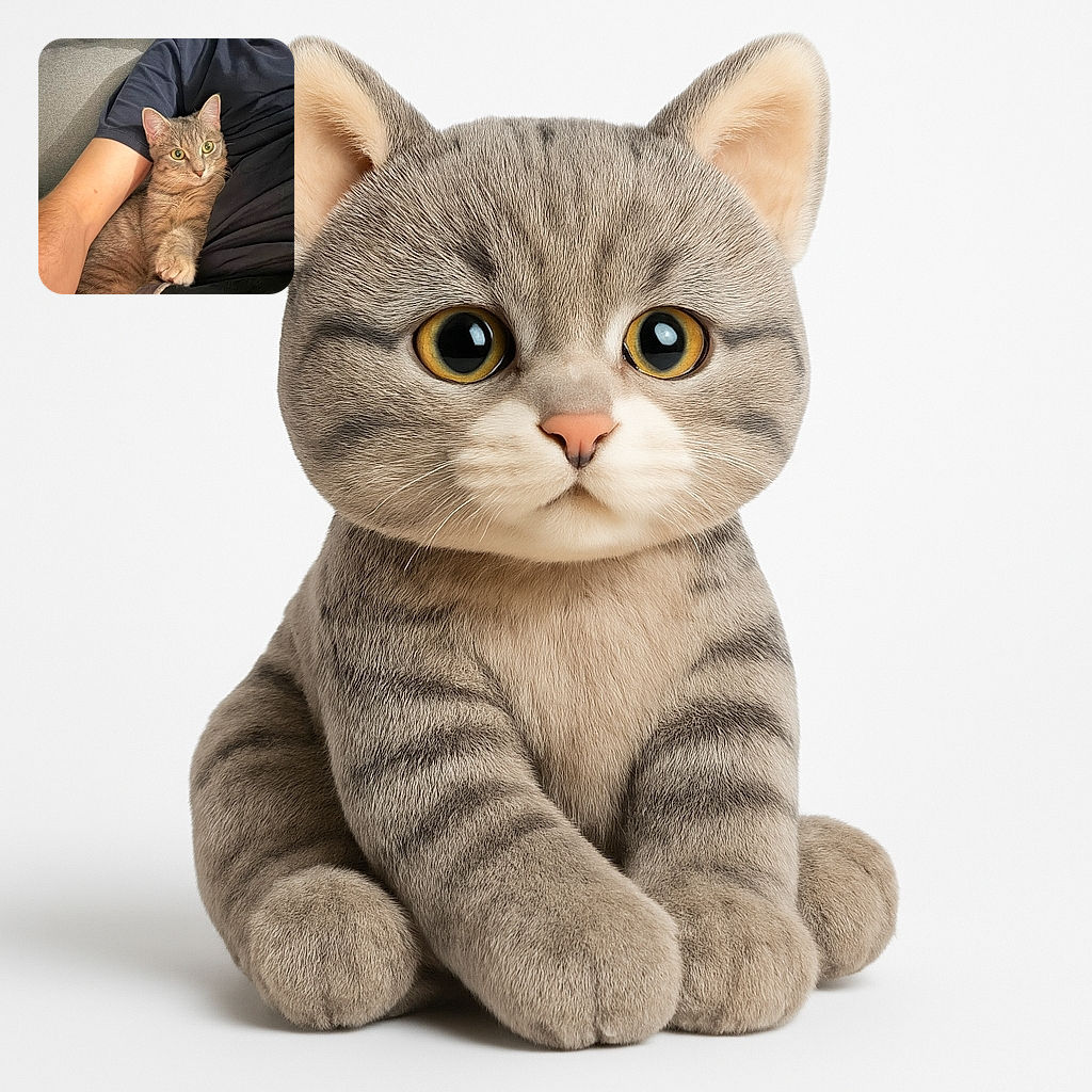 A cozy scene of a tabby cat nestled comfortably in the crook of a person's arm, looking alert with wide green eyes while lounging on a grey couch. The person wears a dark navy shirt, and the soft lighting highlights the cat's fur texture and calm demeanor.