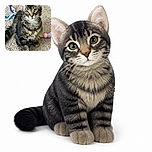 A fluffy tabby kitten sits proudly on the carpet, staring into the camera like a tiny forest monarch who has just discovered the secret power of dramatic eye contact. Colorful toys peek in from the sides, ready for the next royal play session.