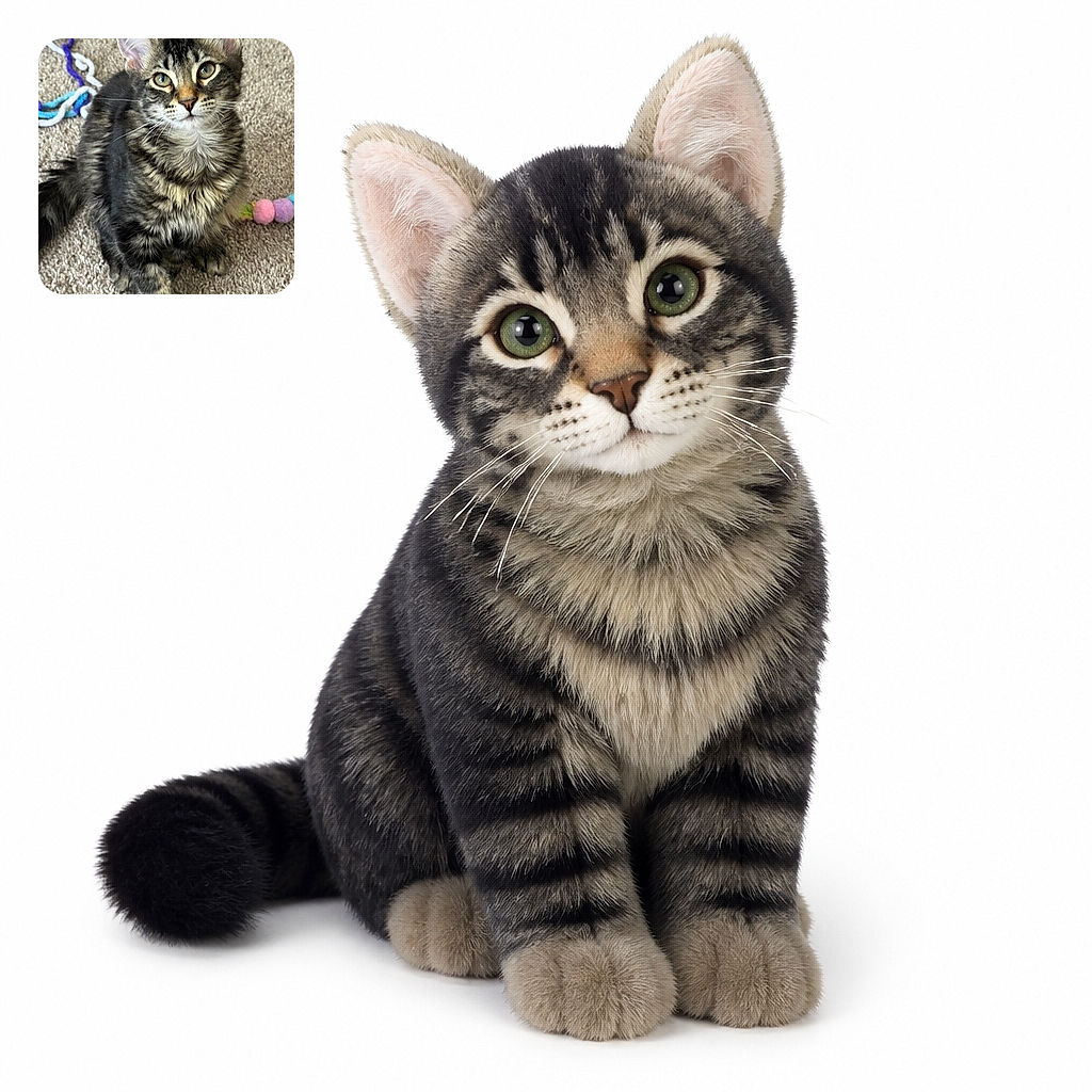A fluffy tabby kitten sits proudly on the carpet, staring into the camera like a tiny forest monarch who has just discovered the secret power of dramatic eye contact. Colorful toys peek in from the sides, ready for the next royal play session.