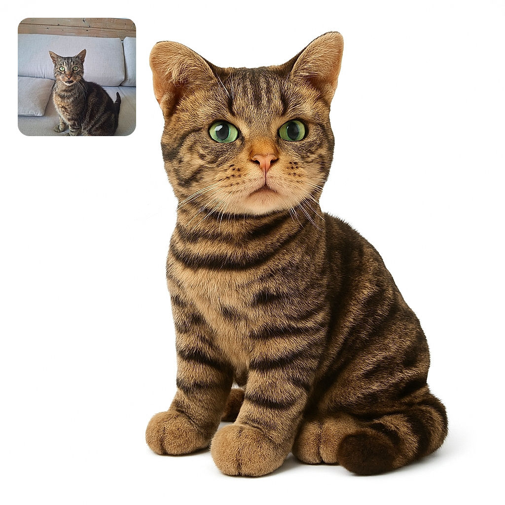 A curious tabby cat with striking green eyes sits attentively on a light gray couch, its whiskers standing out against the soft fabric backdrop. The cozy indoor setting with wooden beams adds a warm, rustic charm.