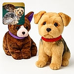 Two adorable dogs curled up on a green cushion against a yellow wall; one dog looks directly at the camera with bright eyes while the other rests peacefully in the background, creating a cozy and heartwarming scene.