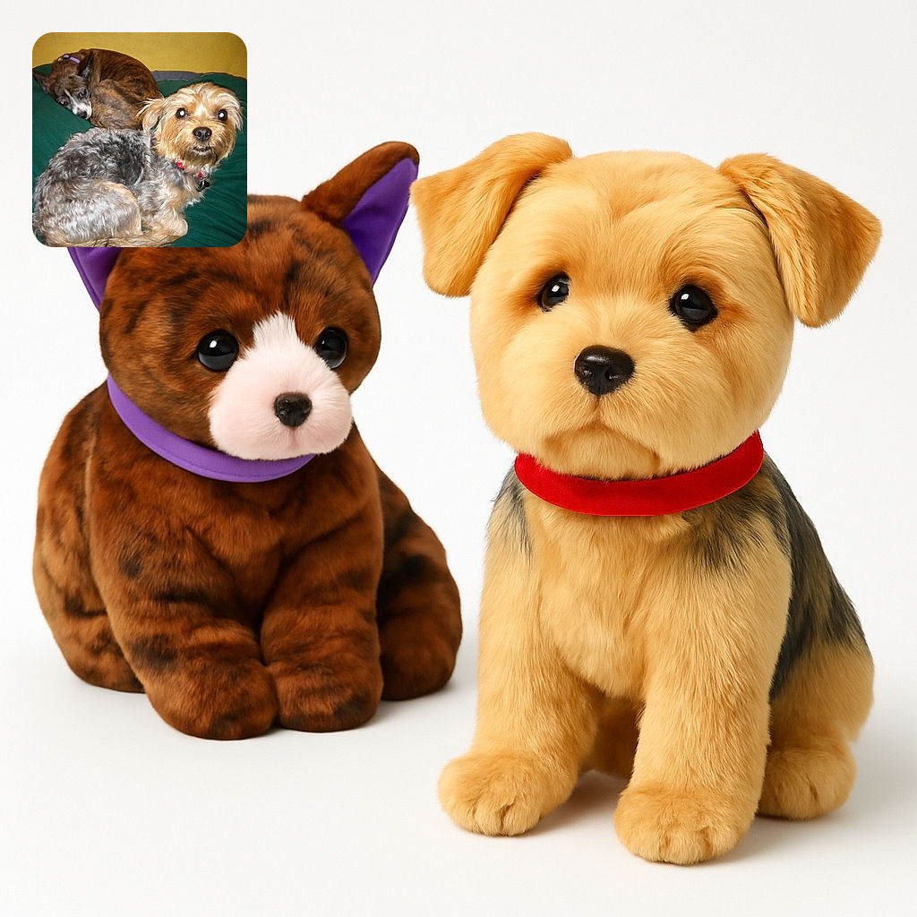 Two adorable dogs curled up on a green cushion against a yellow wall; one dog looks directly at the camera with bright eyes while the other rests peacefully in the background, creating a cozy and heartwarming scene.