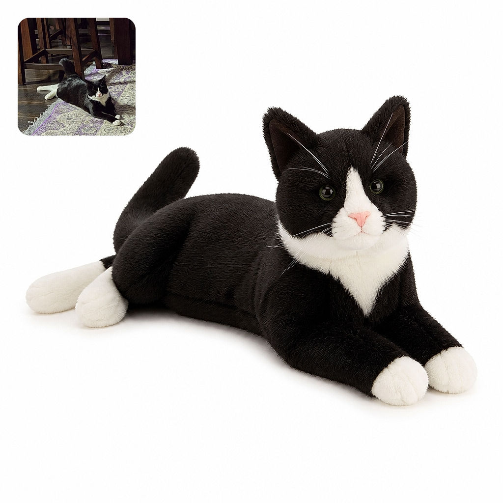 A tuxedo cat lounges dramatically on a patterned rug beneath a forest of wooden chair legs, looking like it has claimed the dining room throne and is waiting for its royal snack delivery.